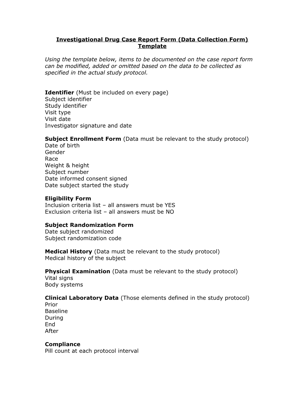 Investigational Drug Case Report Form (Data Collection Form) Template