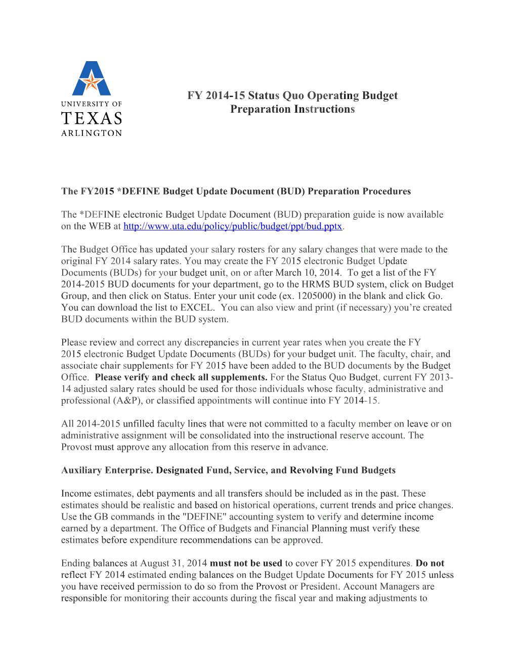 FY 2014-15 Status Quo Operating Budget