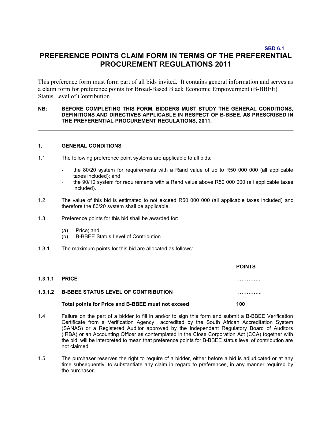 Preference Points Claim Form in Terms of the Preferential Procurement Regulations 2011