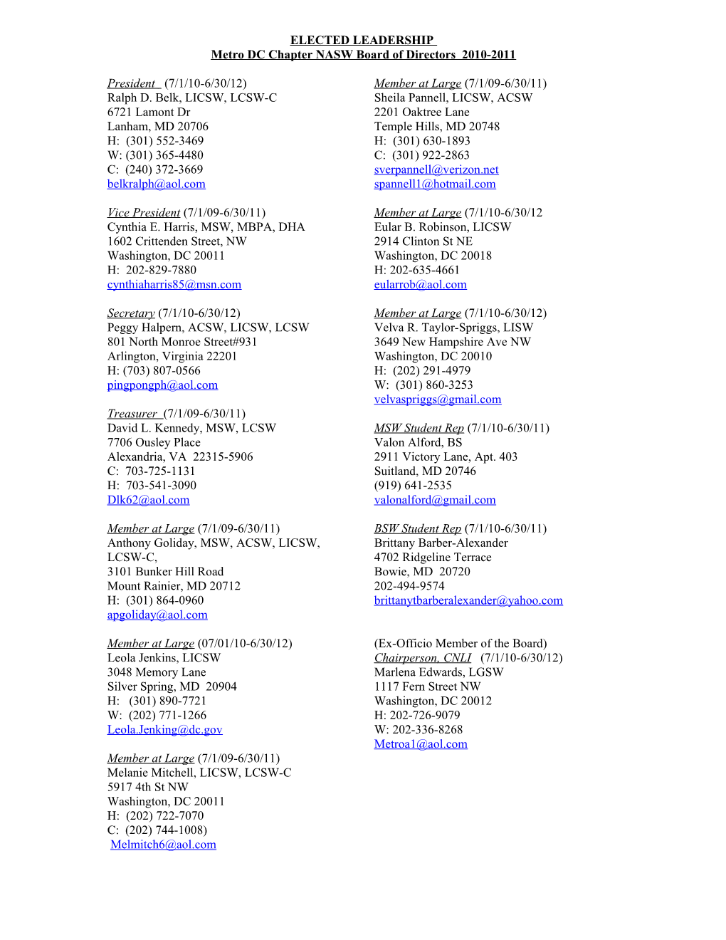Metro DC Chapter NASW Board of Directors 2010-2011