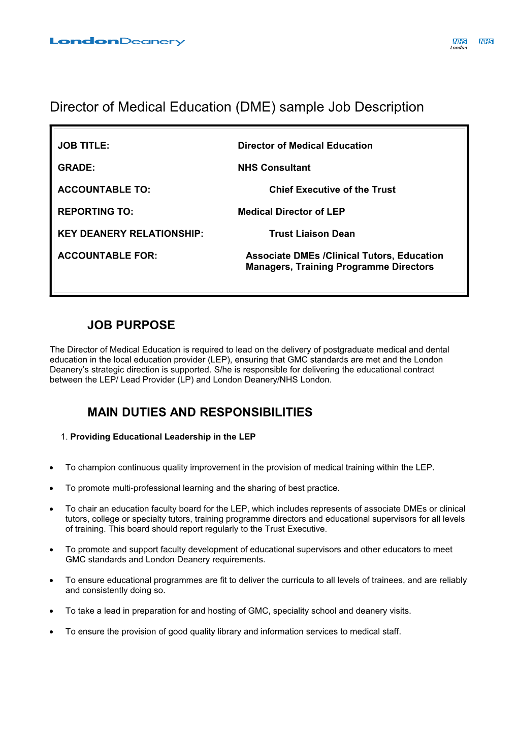 Director of Medical Education (DME) Sample Job Description