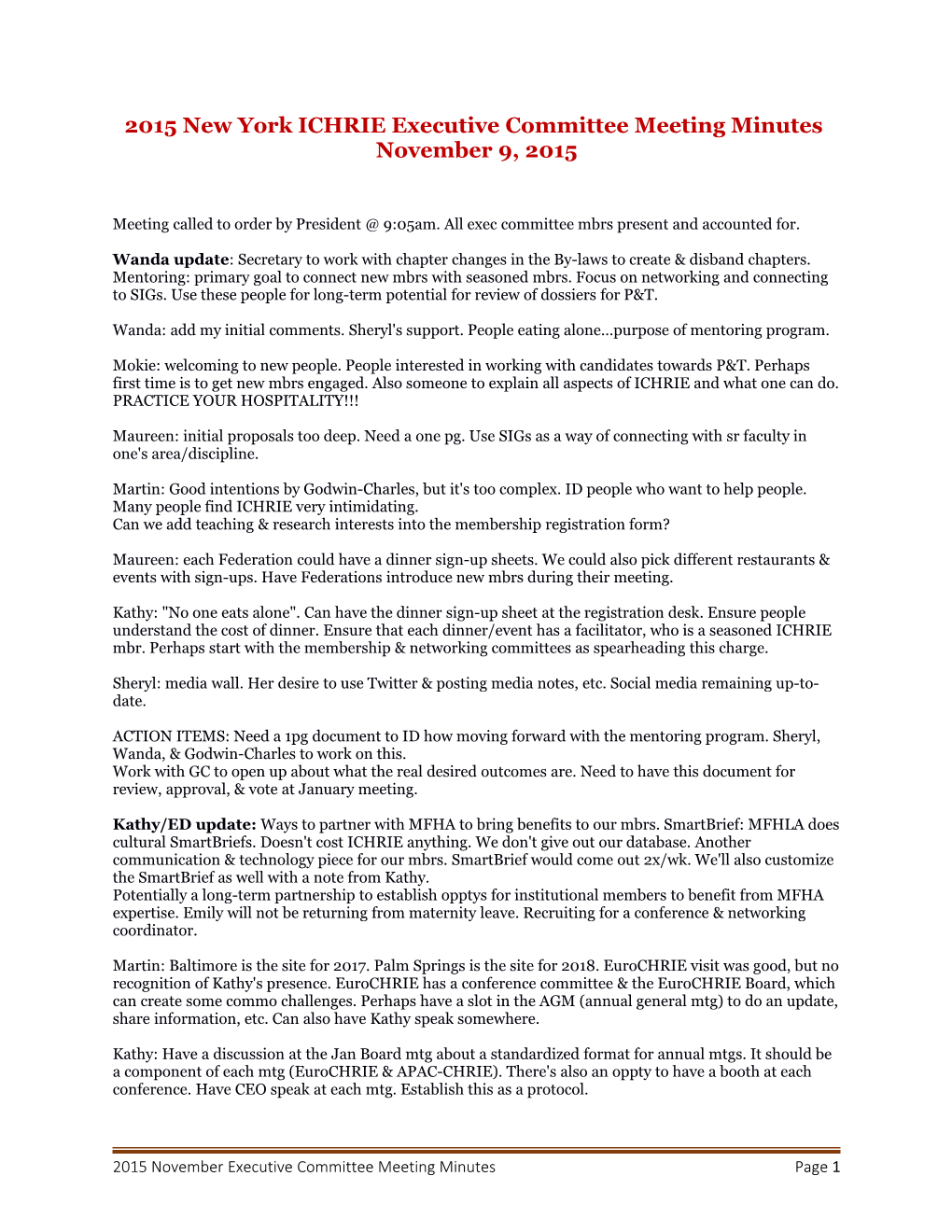 2015 New York ICHRIE Executive Committee Meeting Minutes
