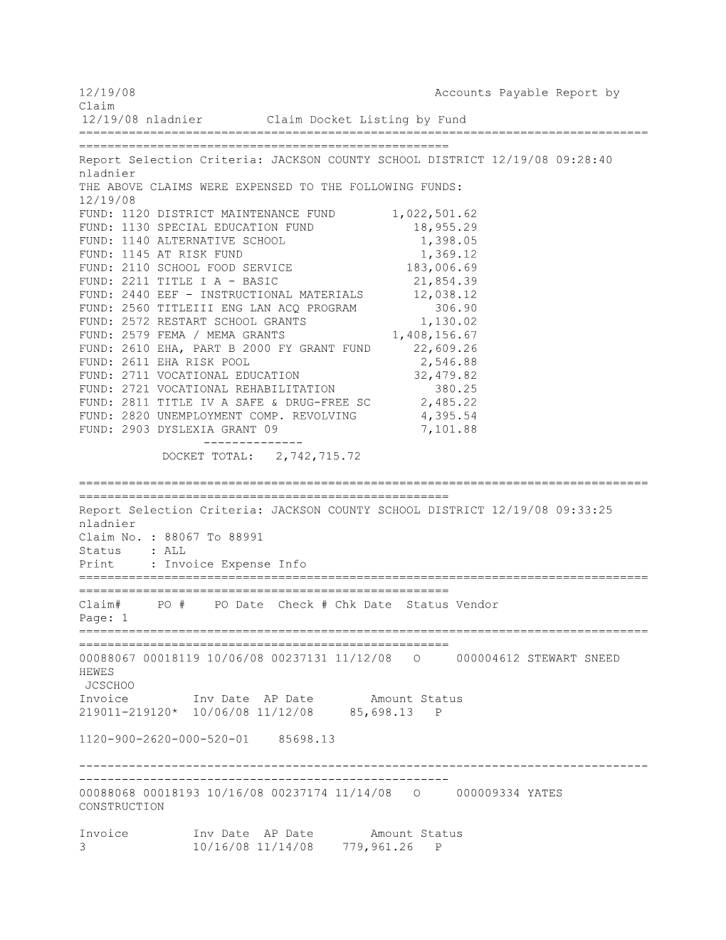 12/19/08 Accounts Payable Report by Claim