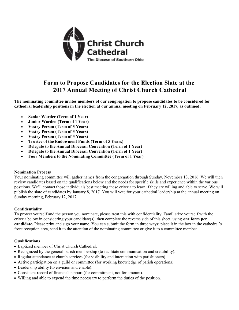 Form to Propose Candidates for the Election Slate at The