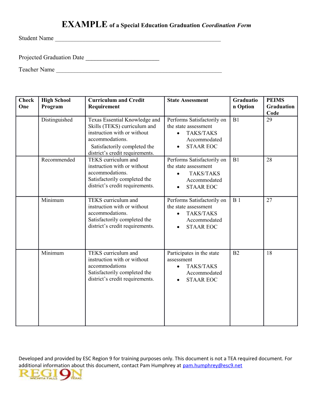 EXAMPLE of a Special Education Graduation Coordination Form