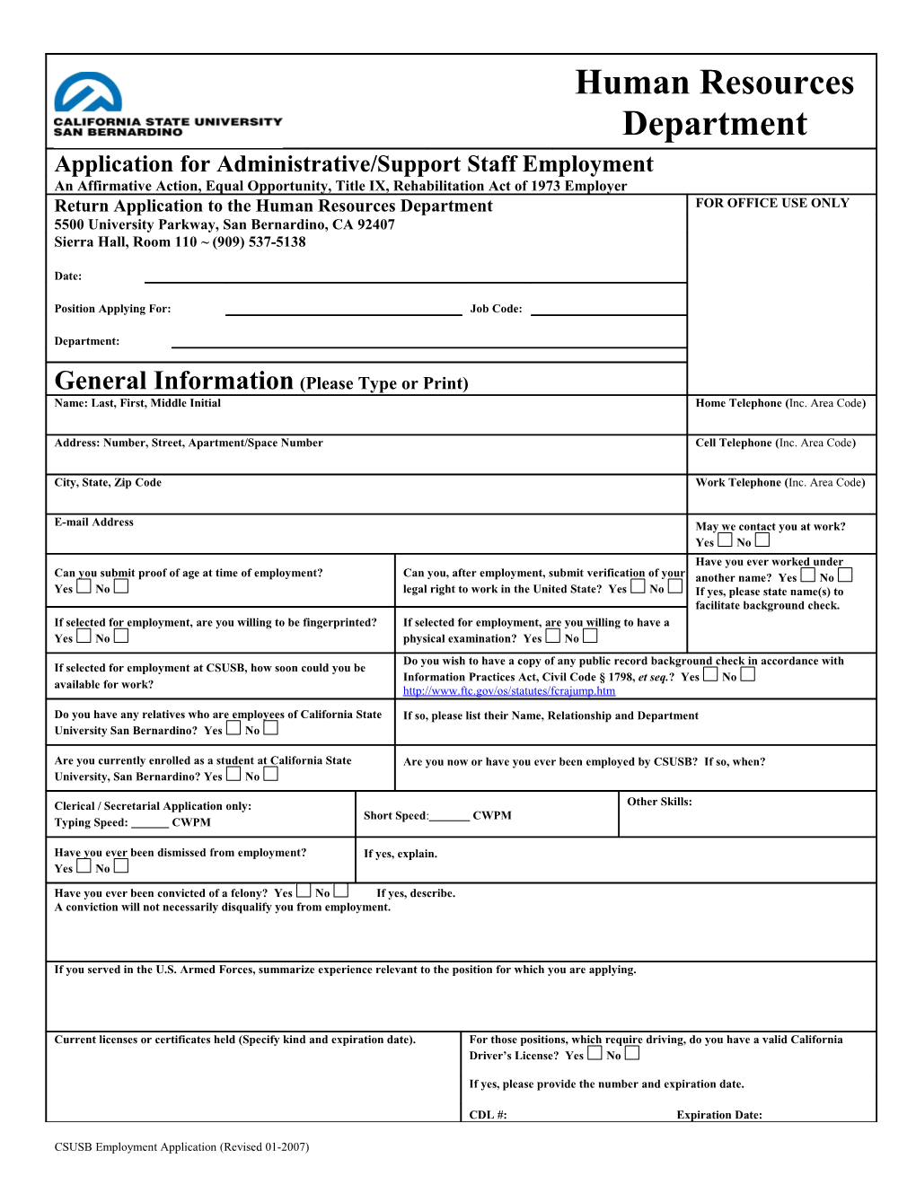 Application for Administrative/Support Staff Employment