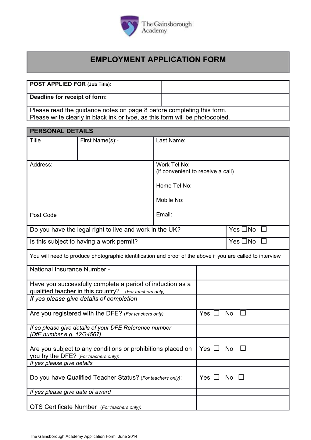 The Gainsborough Academy Application Form June 2014Page 1