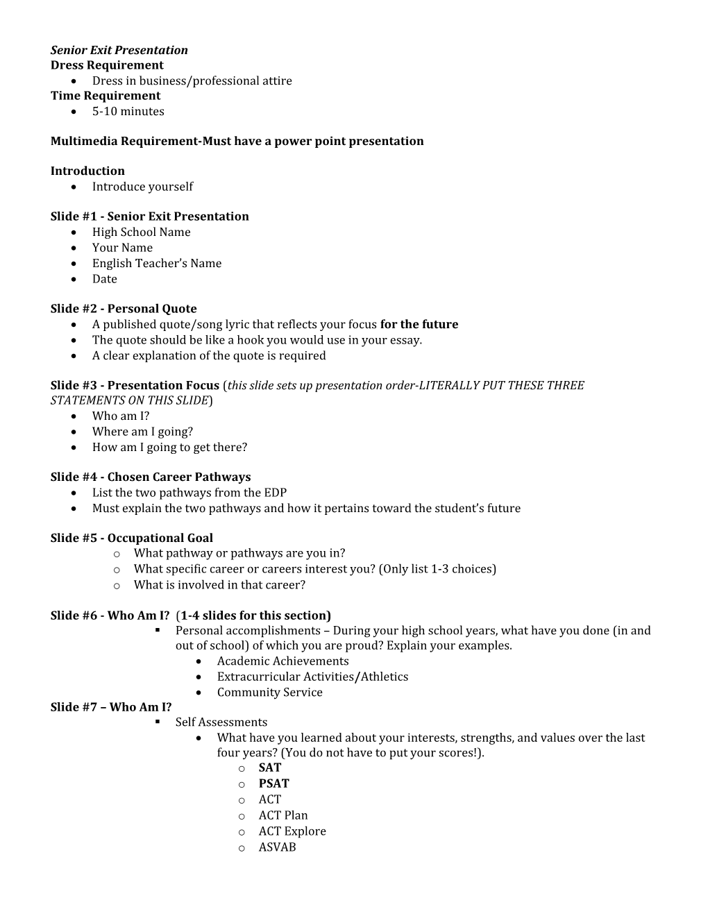 Senior Exit Presentation Check Sheet