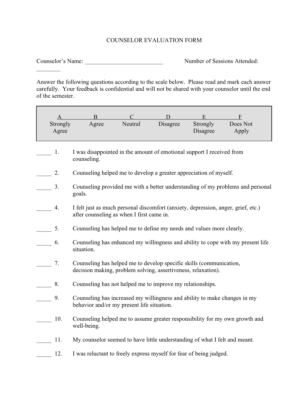 Counselor Evaluation Form