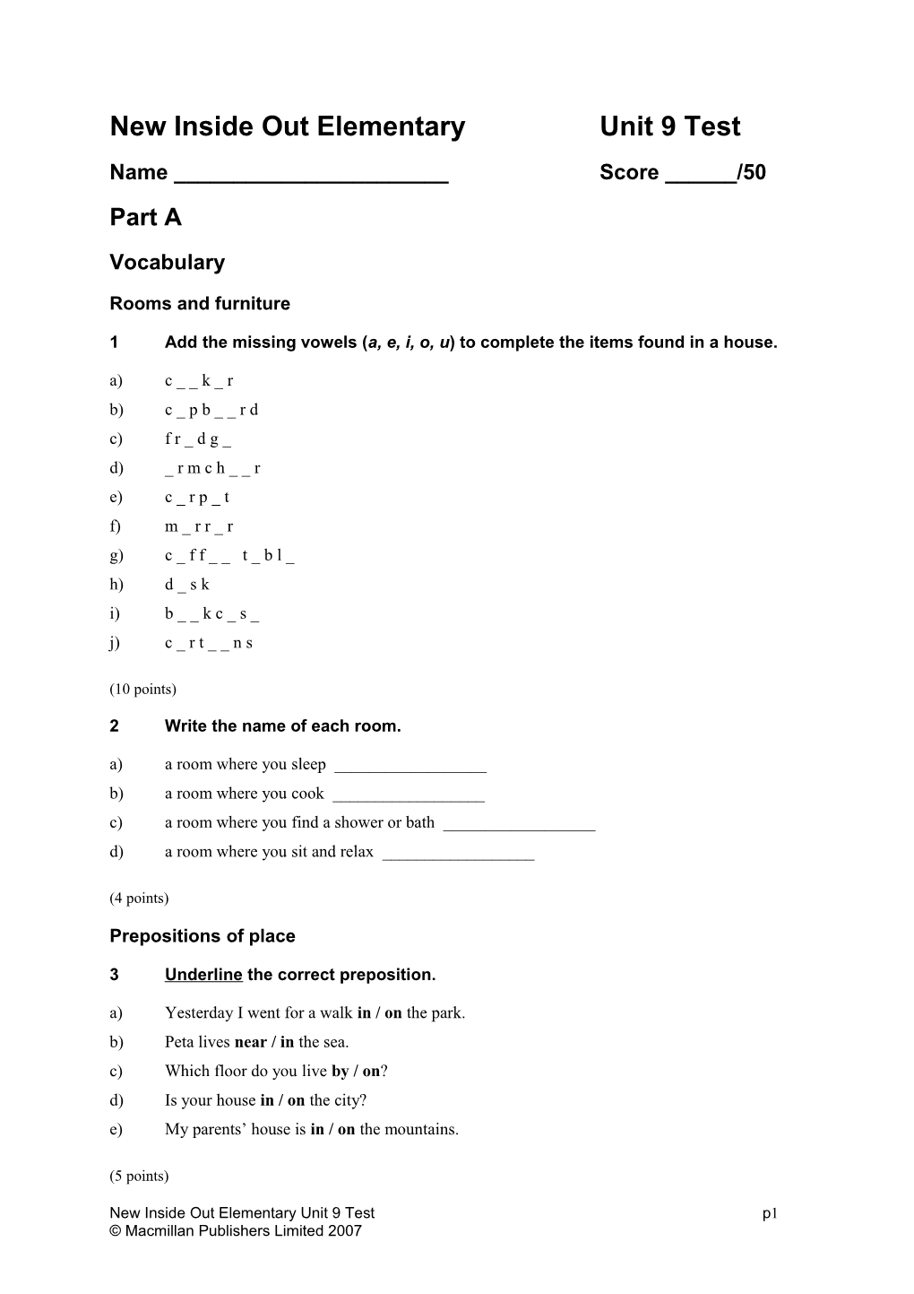 Straightforward Pre-Intermediate Progress Test 1