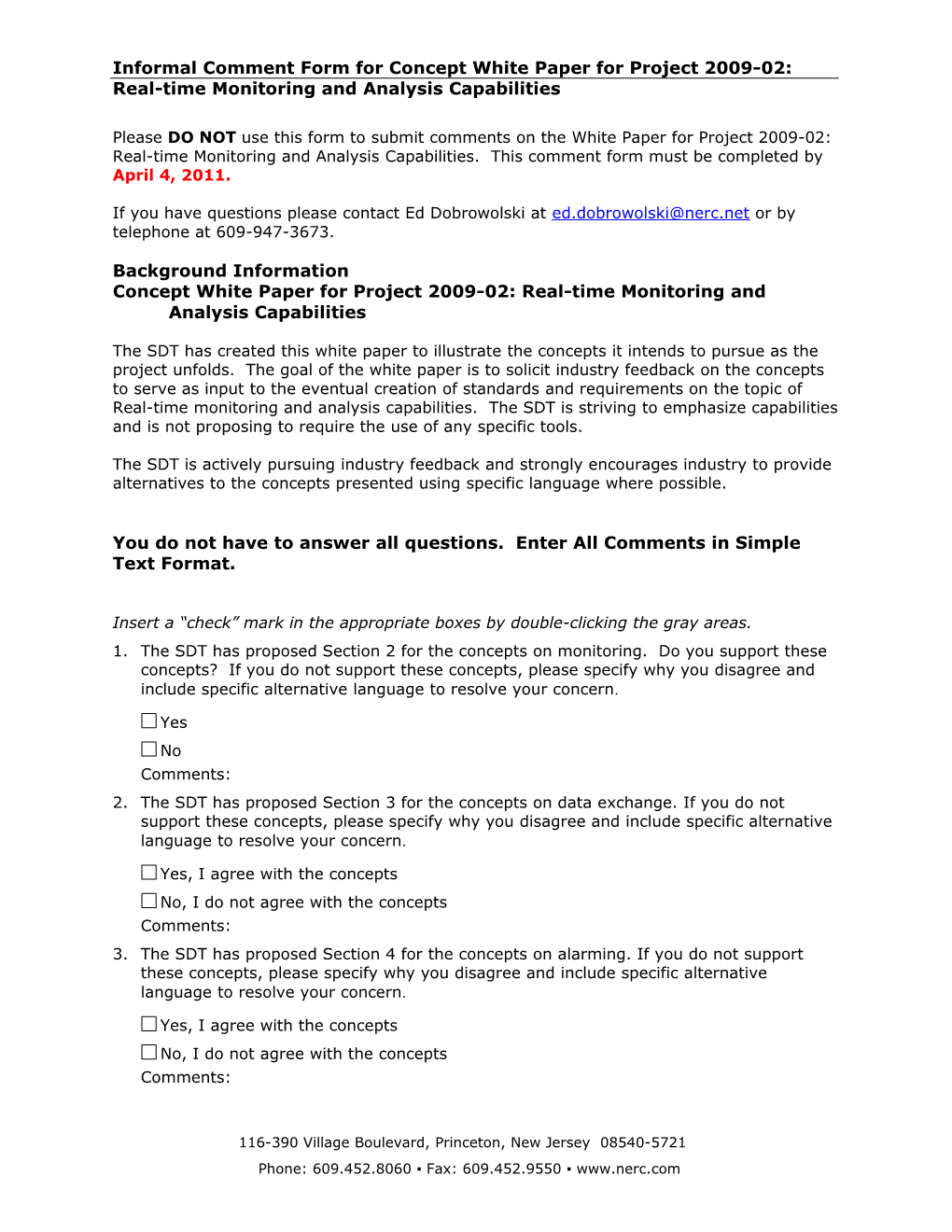 Informal Comment Form Forconcept White Paper for Project 2009-02: Real-Time Monitoring