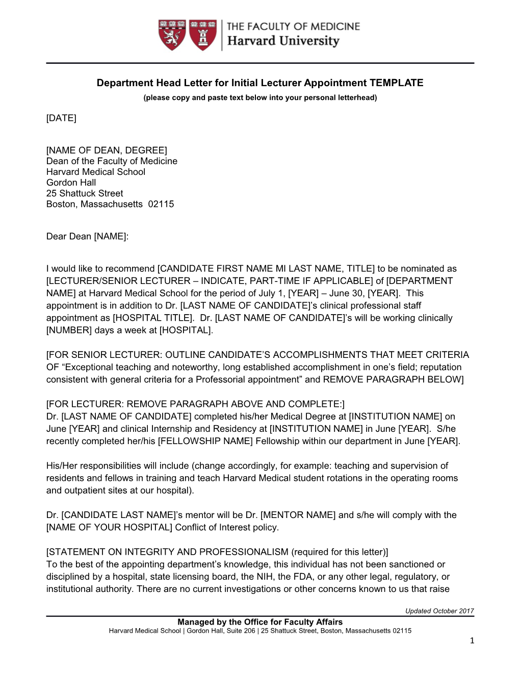 Department Head Letter for Initial Lecturer Appointment TEMPLATE