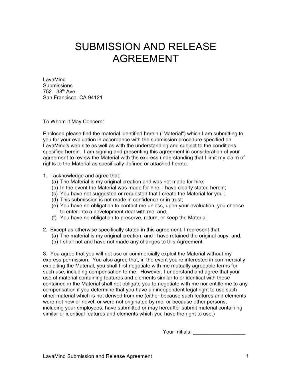 Submission and Release Agreement