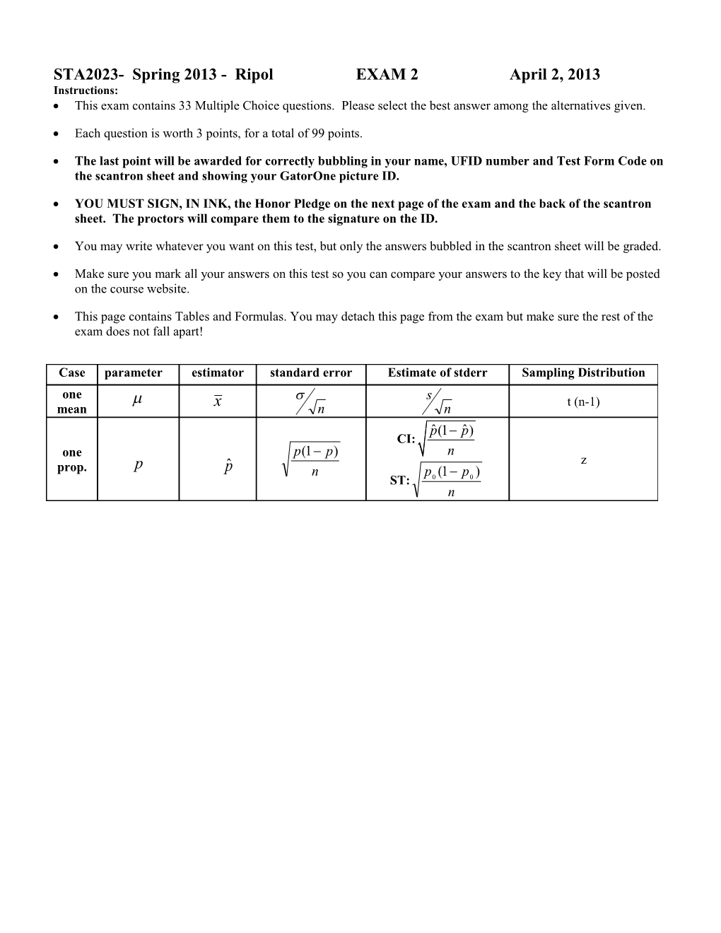 STA2023- Spring 2013 - Ripol EXAM 2 April 2, 2013