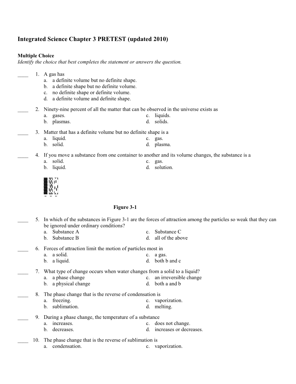 Integrated Science Chapter 3 PRETEST (Updated 2010)