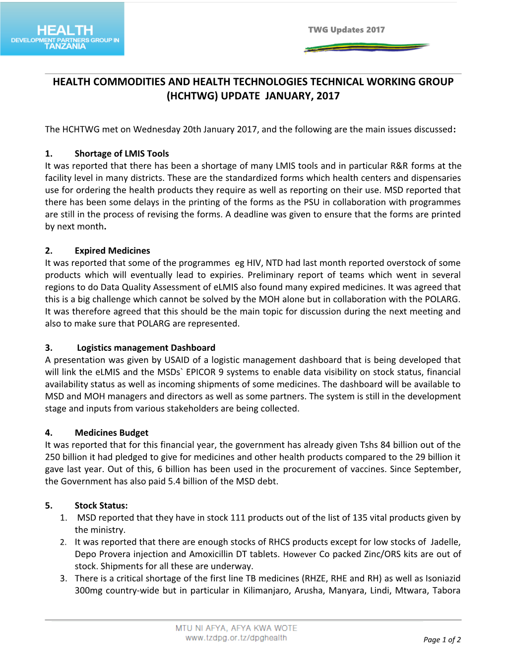 Health Commodities and Health Technologies Technical Working Group (Hchtwg) Update January