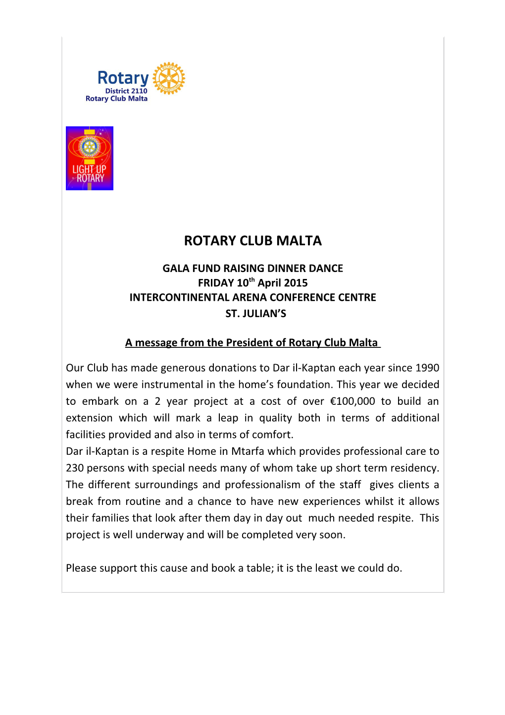 A Message from the President of Rotary Club Malta