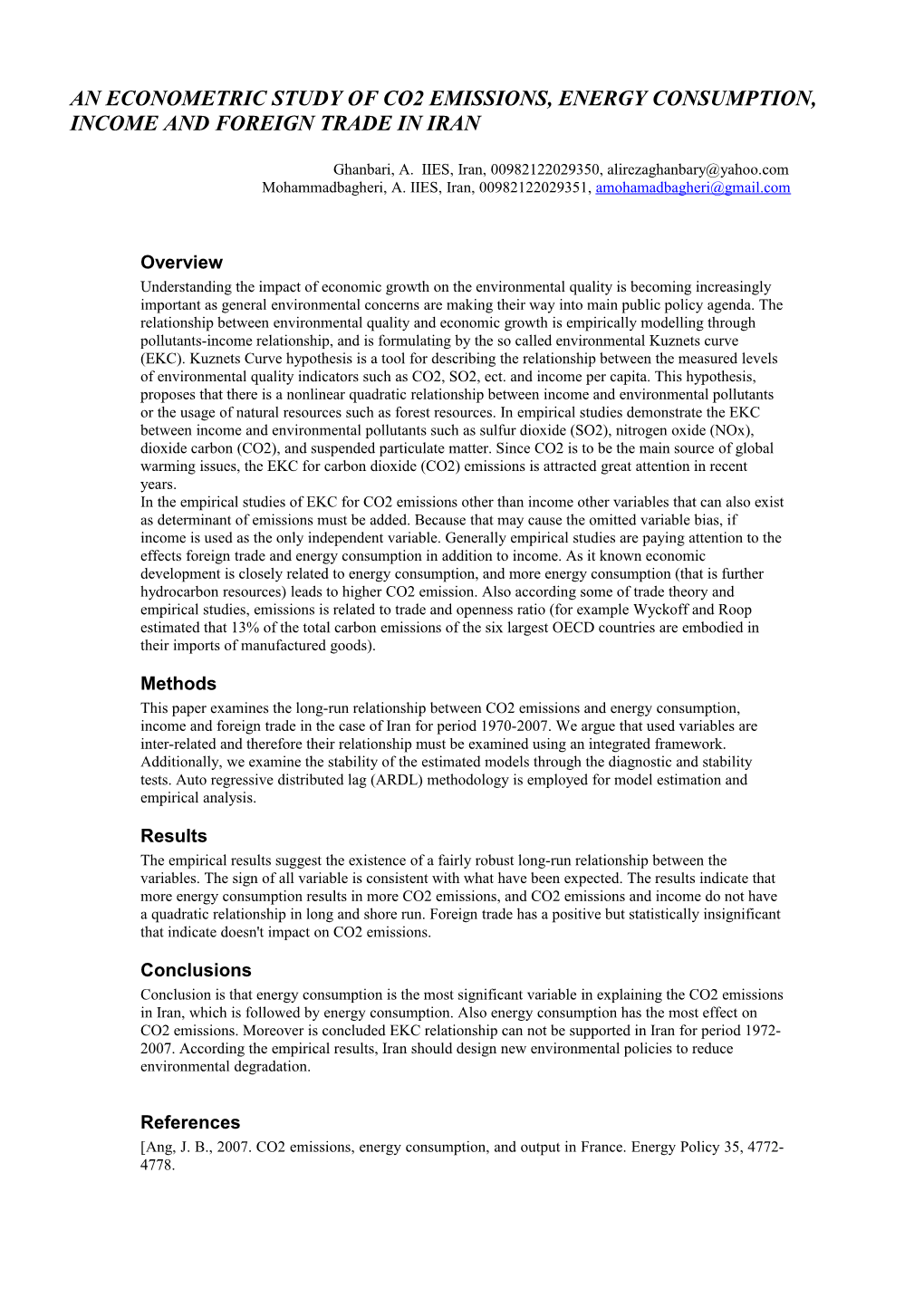 An Econometric Study of CO2 Emissions, Energy Consumption, Income and Foreign Trade in Iran