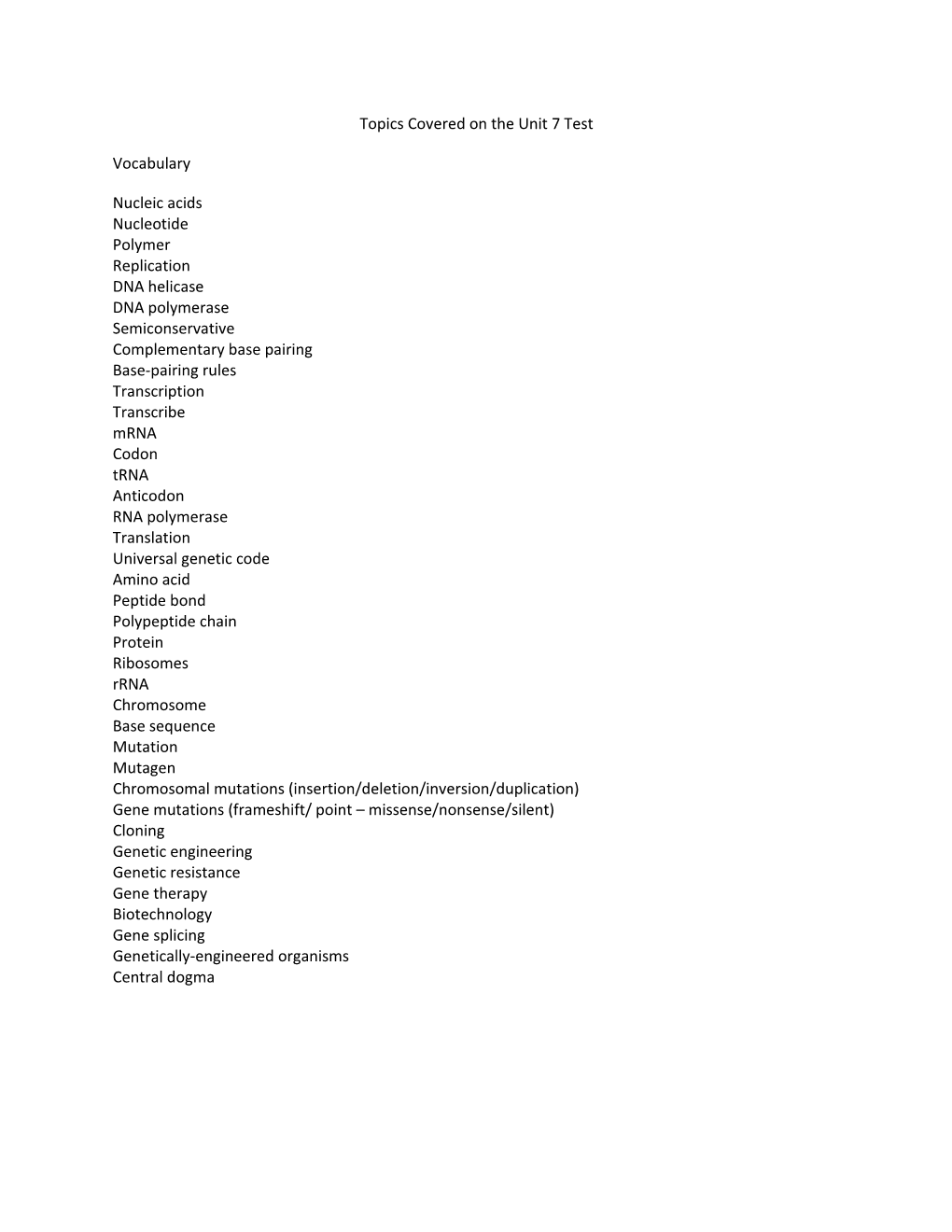 Topics Covered on the Unit 7 Test