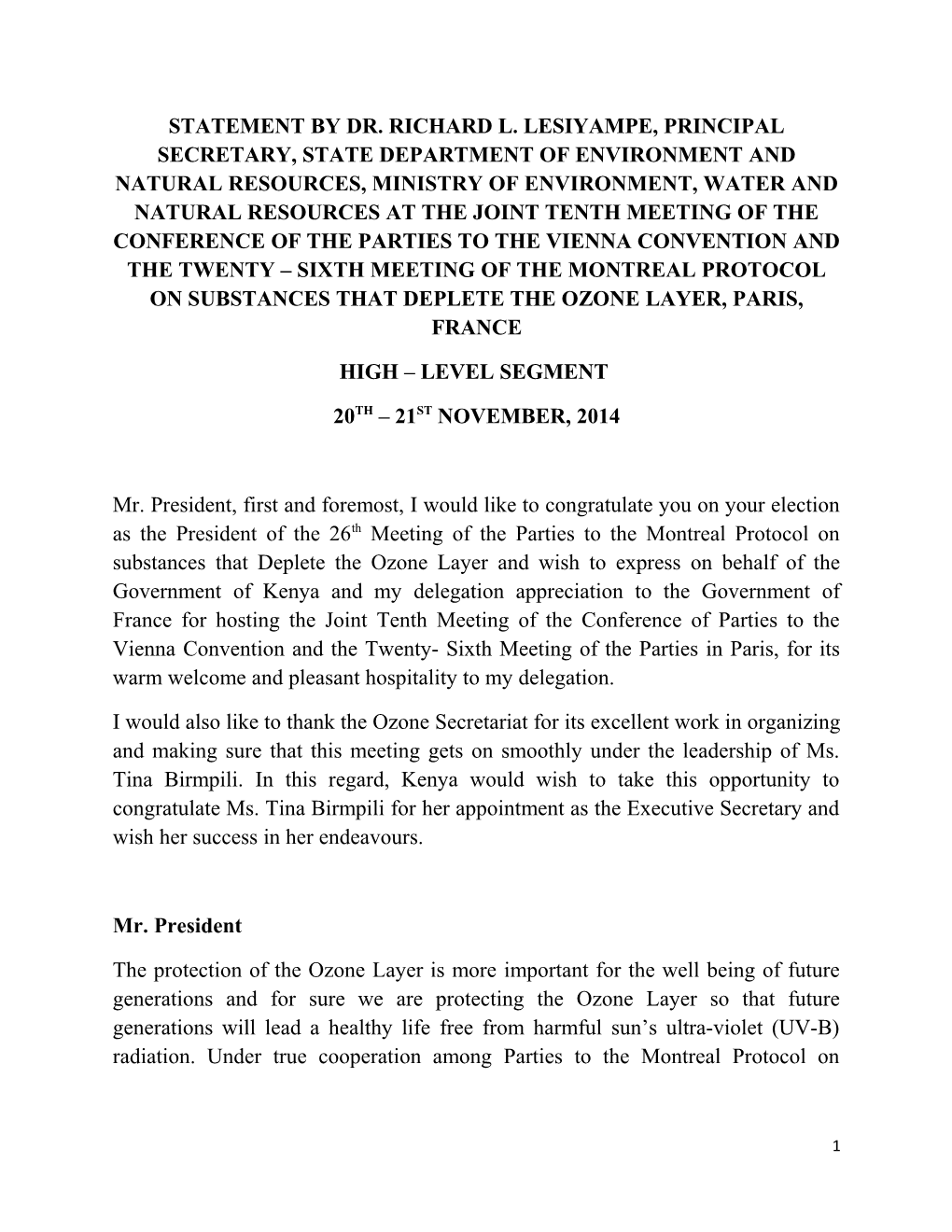Statement by Dr. Richard L. Lesiyampe, Principal Secretary, State Department of Environment