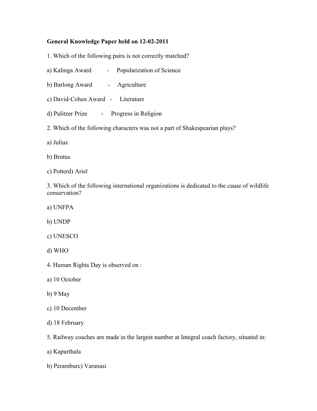 General Knowledge Paper Held on 12-02-2011