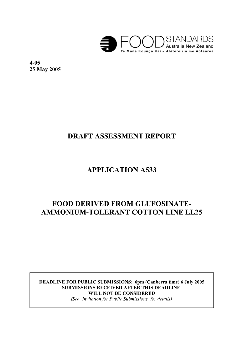 Food Derived from Glufosinate-Ammonium-Tolerant Cotton Line Ll25