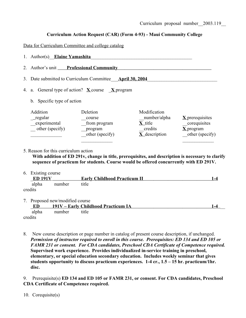 Curriculum Action Request (CAR) (Form 4-93) - Maui Community College