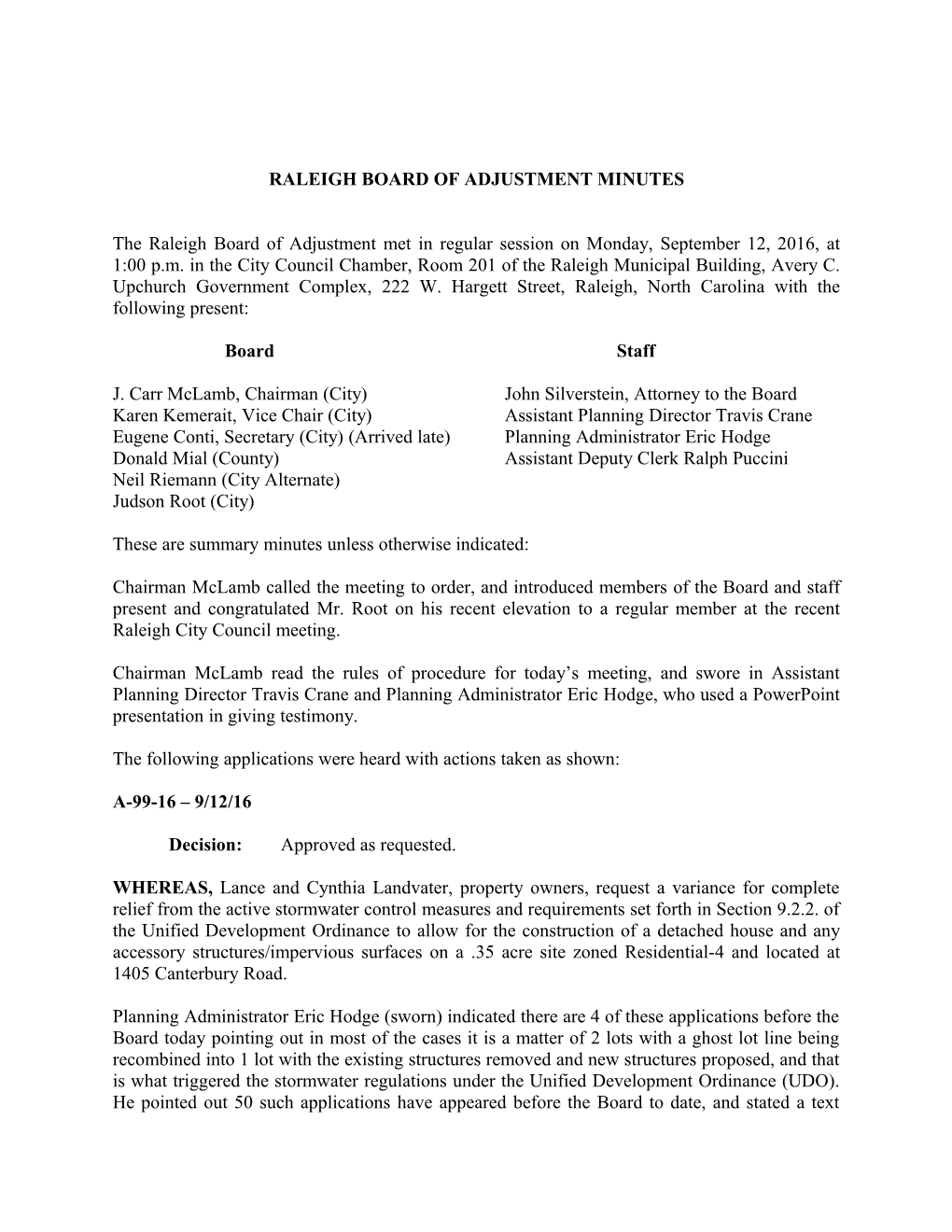 Raleigh Board of Adjustment Minutes - 09/12/2016