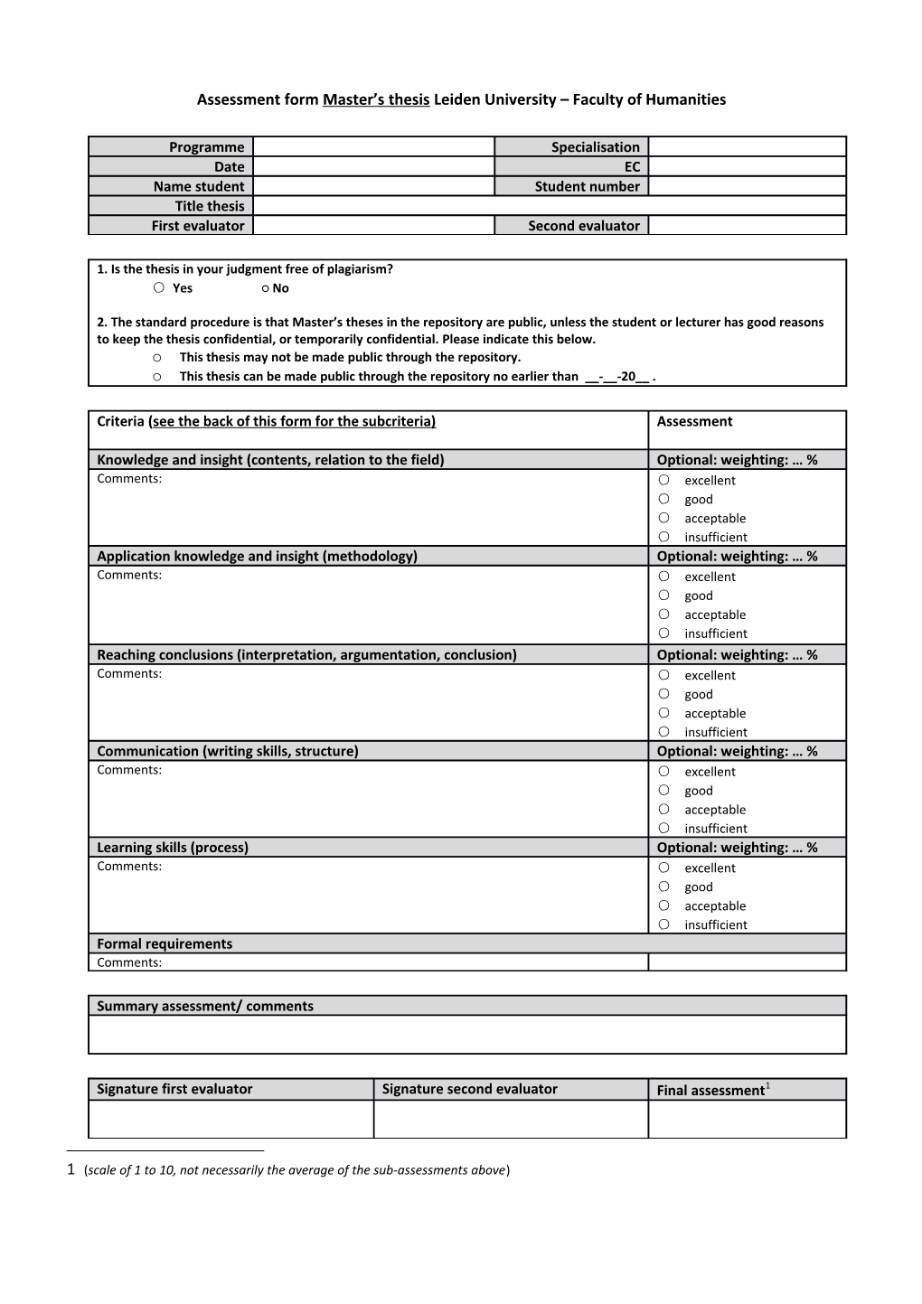 Assessment Form Master S Thesis Leiden University Faculty of Humanities