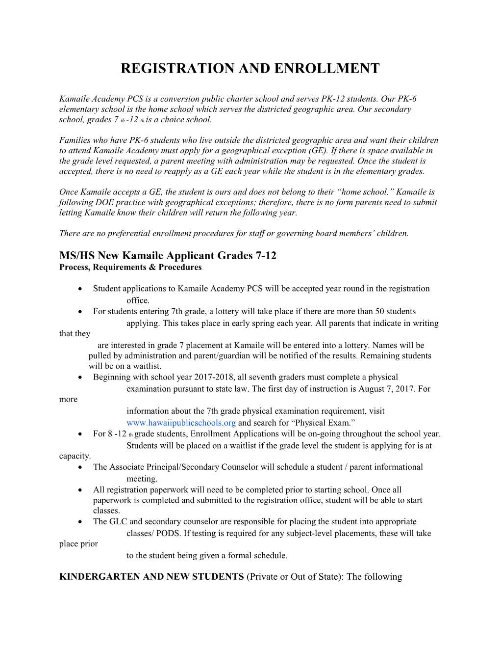 MS HS New Kamaile Applicant Grade 8-10 Process, Requirements & Procedures SY1213