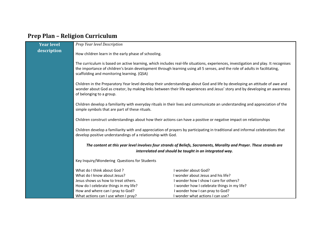 Prep Plan Religion Curriculum