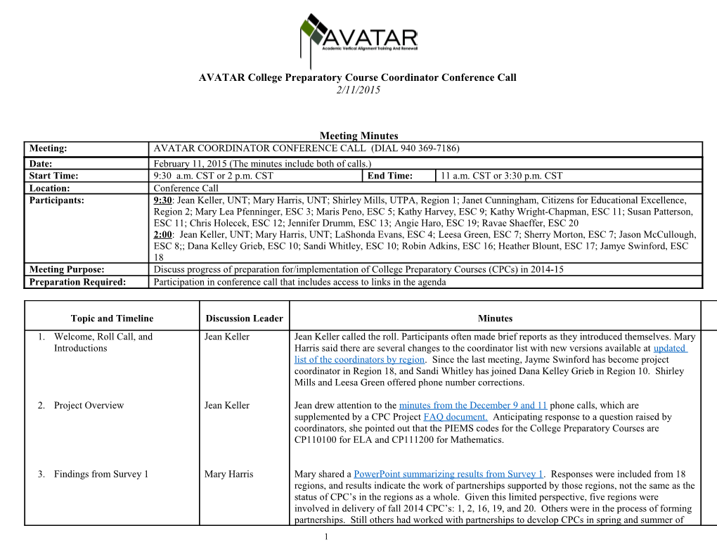 AVATAR College Preparatory Course Coordinator Conference Call