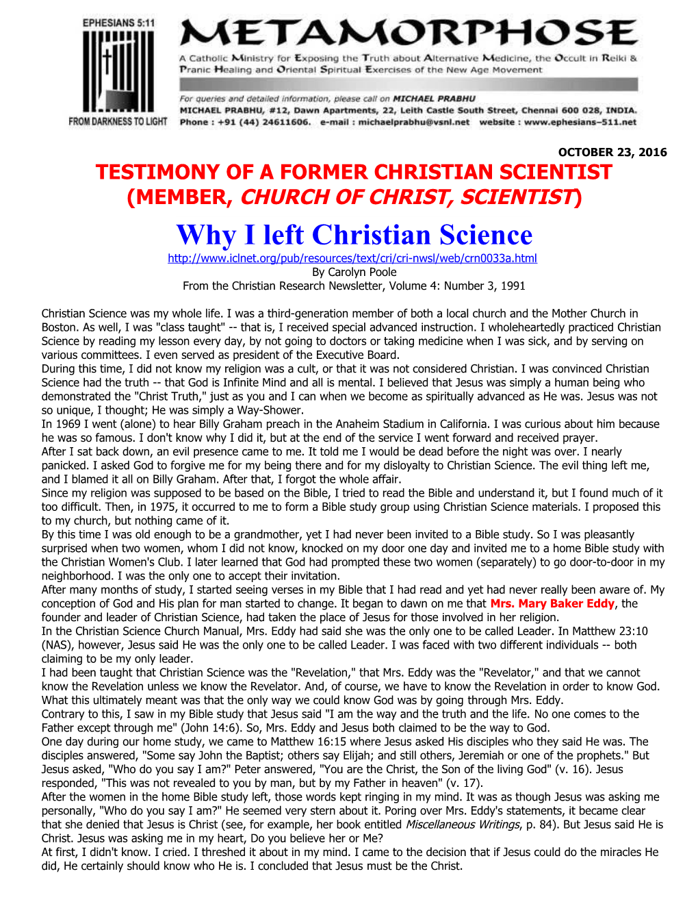 Testimony of a Former Christian Scientist