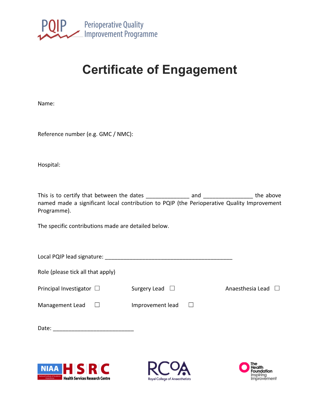 Certificate of Engagement
