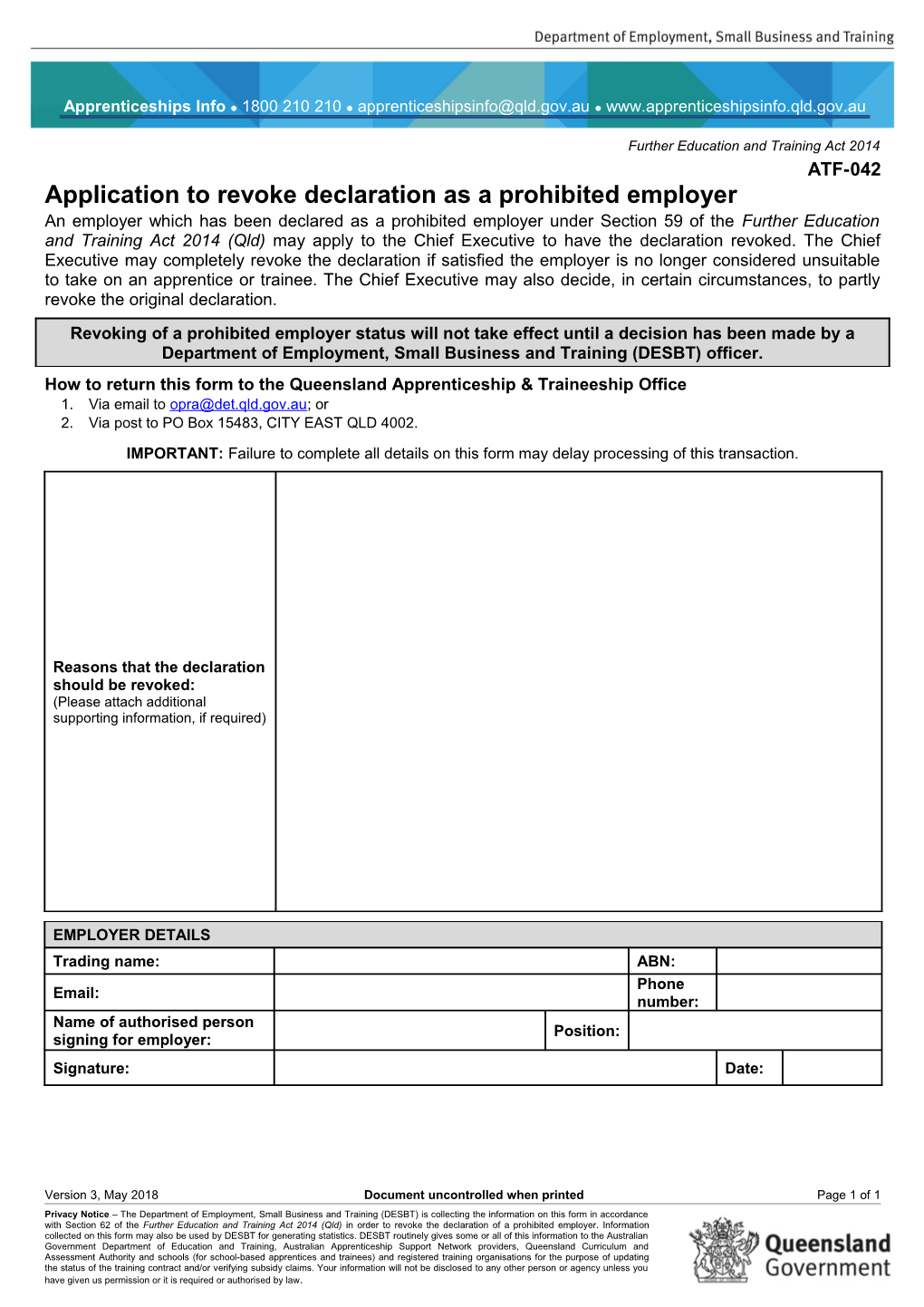 ATF-042 Application to Revoke Declaration As a Prohibited Employer