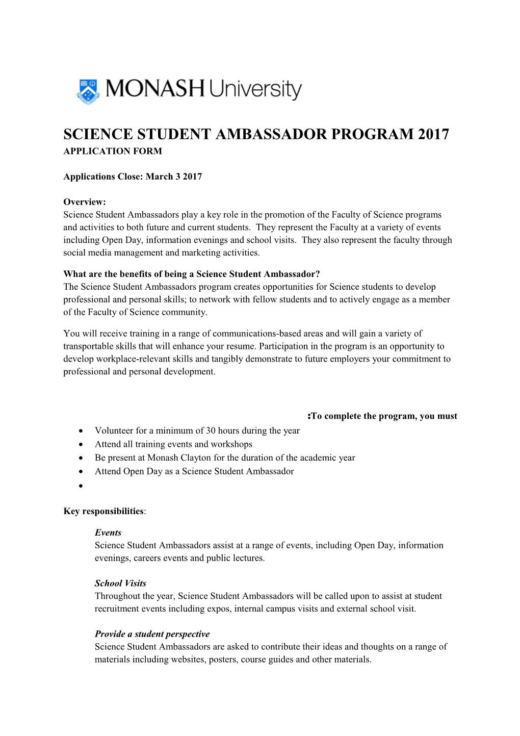 Science Student Ambassador Program 2017