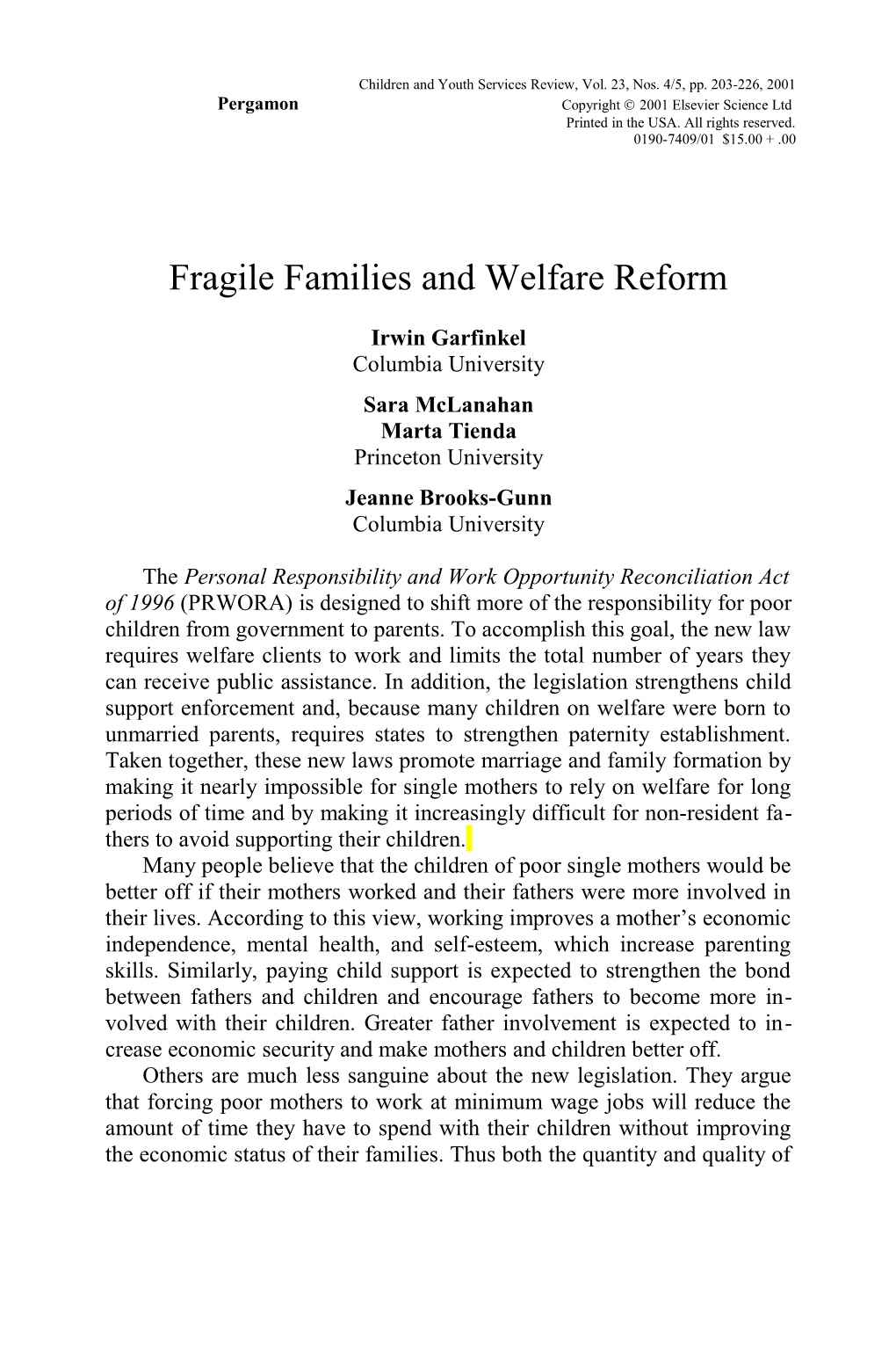 Fragile Families and Welfare Reform