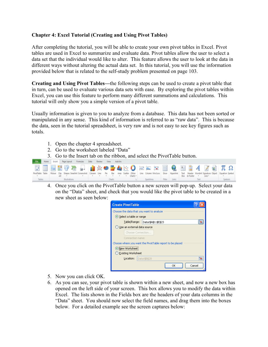 Chapter 4: Excel Tutorial (Creating and Using Pivot Tables)