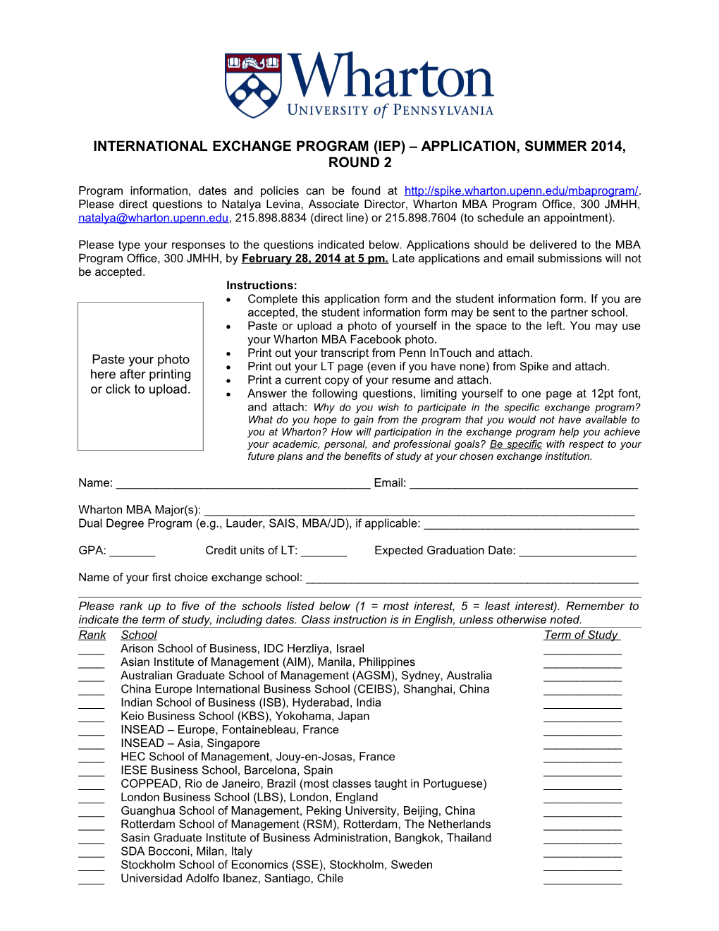 International Exchange Program (Iep) Application, Summer 2014, Round 2