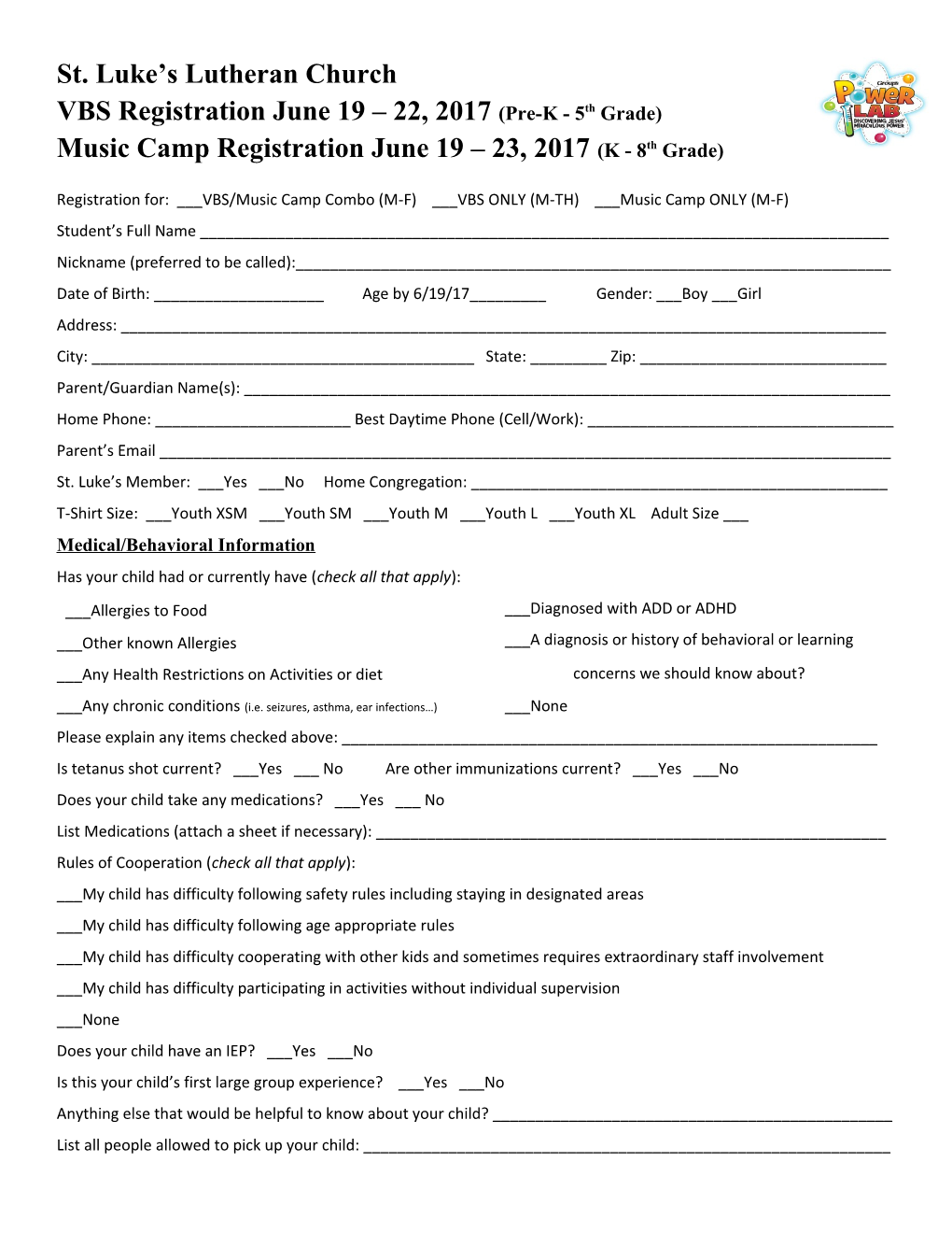 VBS Registration June 19 22, 2017 (Pre-K - 5Th Grade)