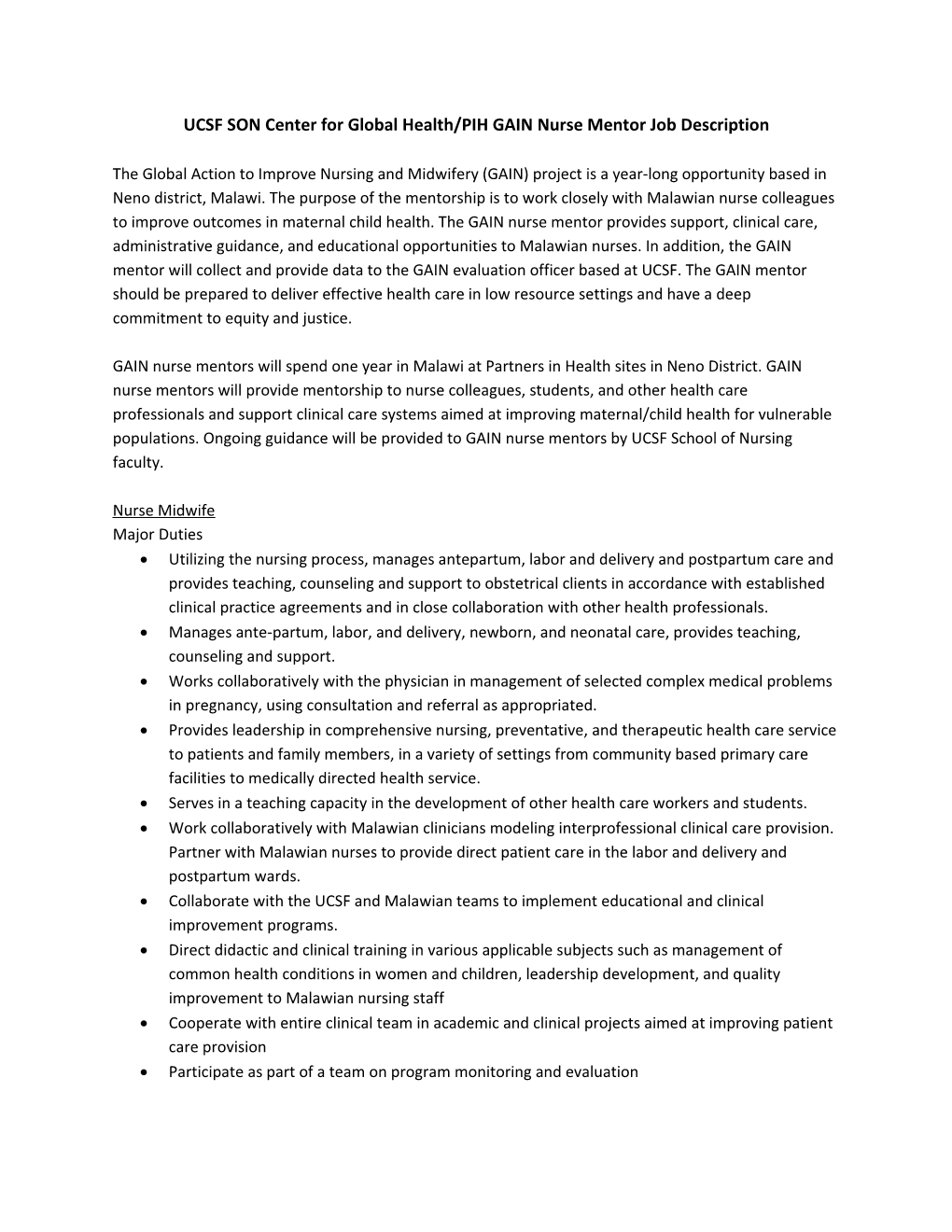 UCSF Soncenter for Global Health/PIHGAIN Nurse Mentor Job Description
