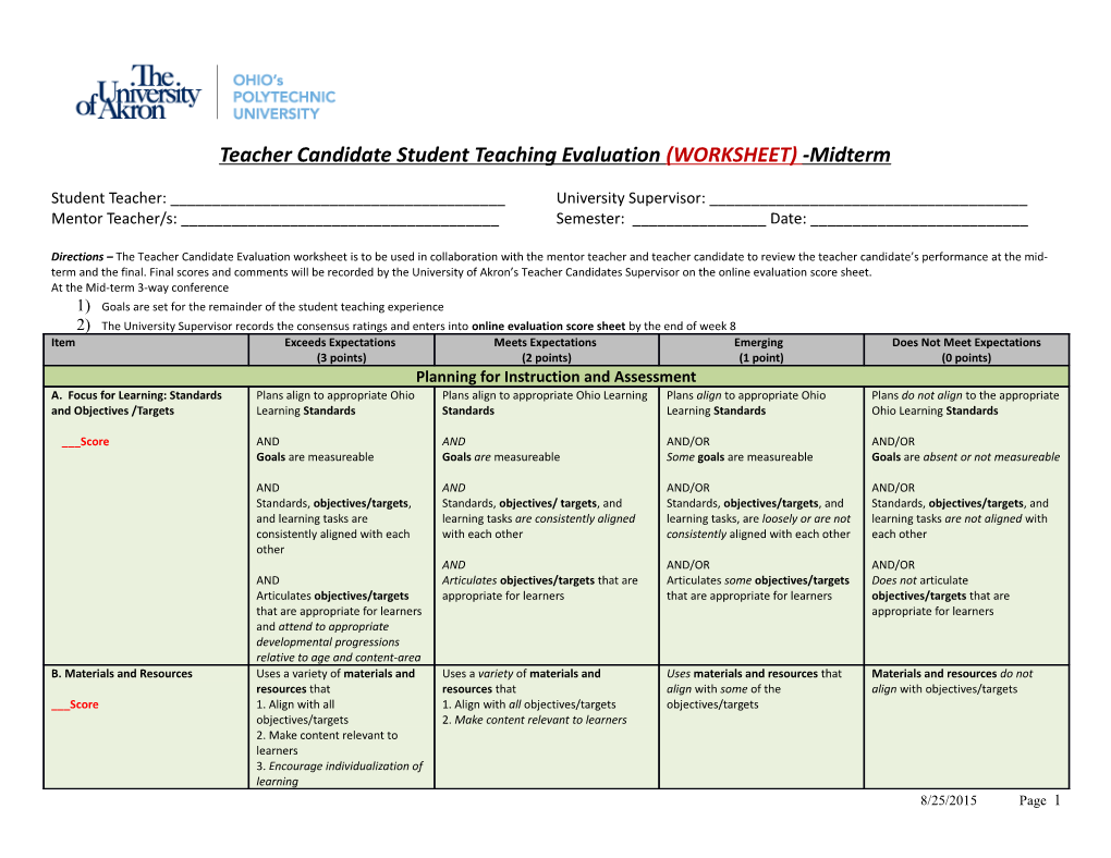 Teacher Candidate Student Teaching Evaluation (WORKSHEET) -Midterm