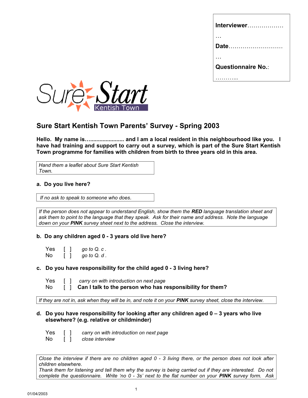 Sure Start Kentish Town Parents Survey - Spring 2003