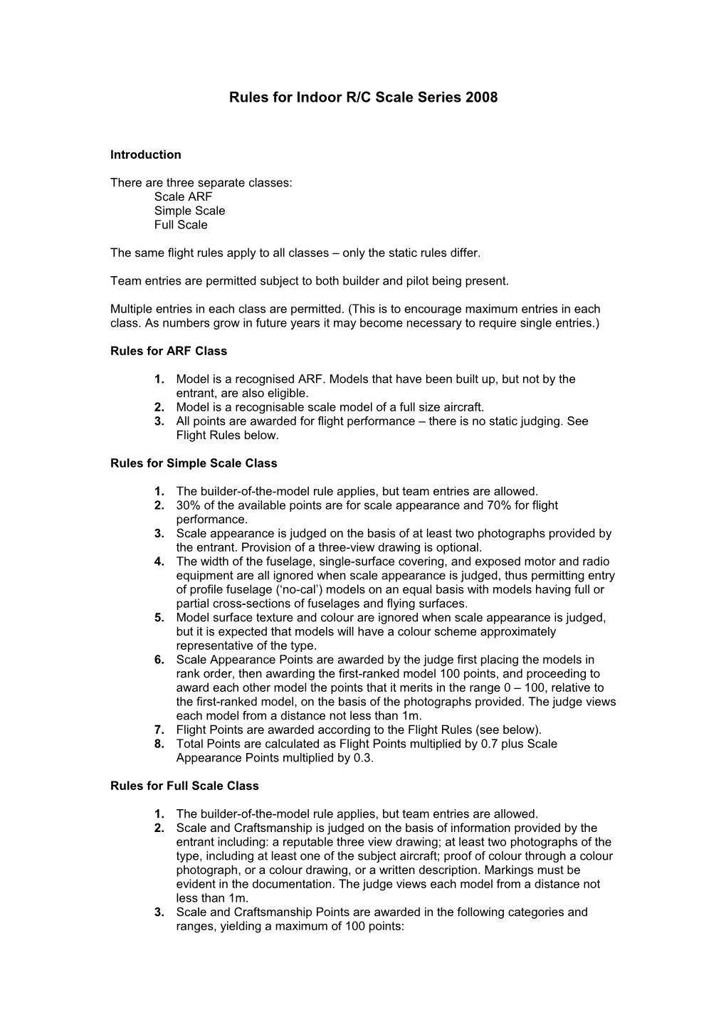 Rules for Indoor R/C Scale Series 2008