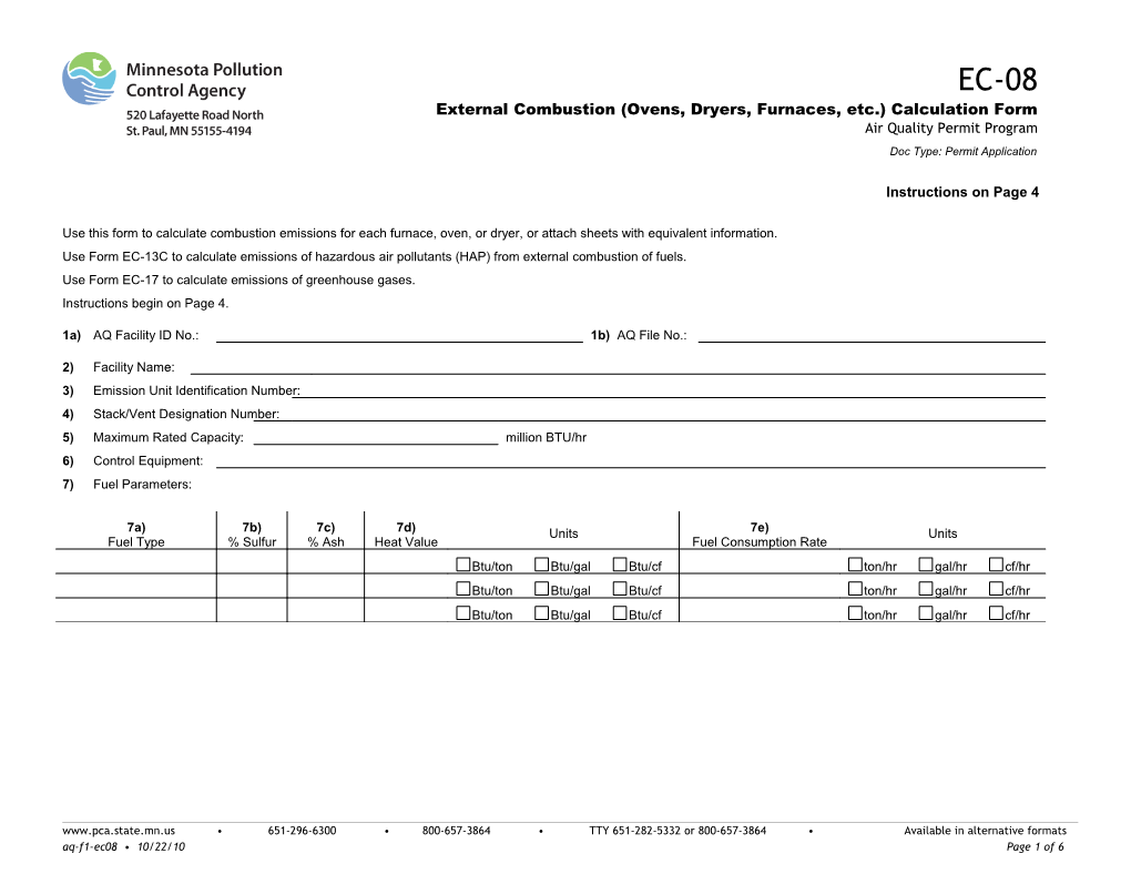 EC-08 External Combustion Emissions Calculation Form - Air Quality Permit Program - Form