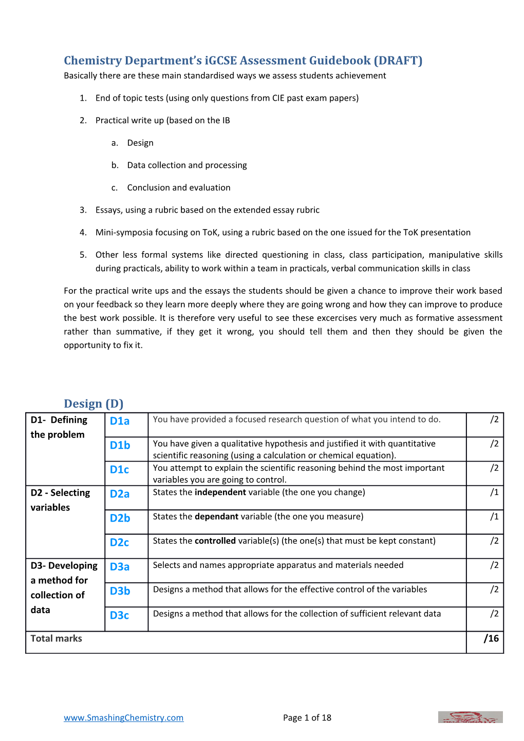 Chemistry Department S Igcse Assessment Guidebook (DRAFT)