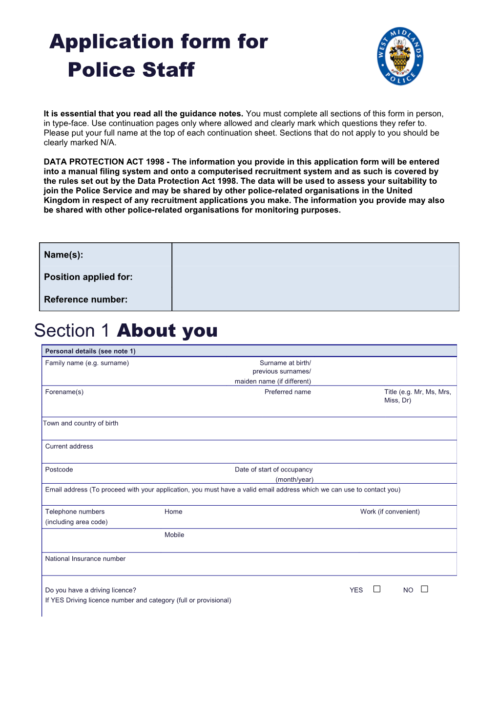 Application Form for Appointment in a Police Staff Role