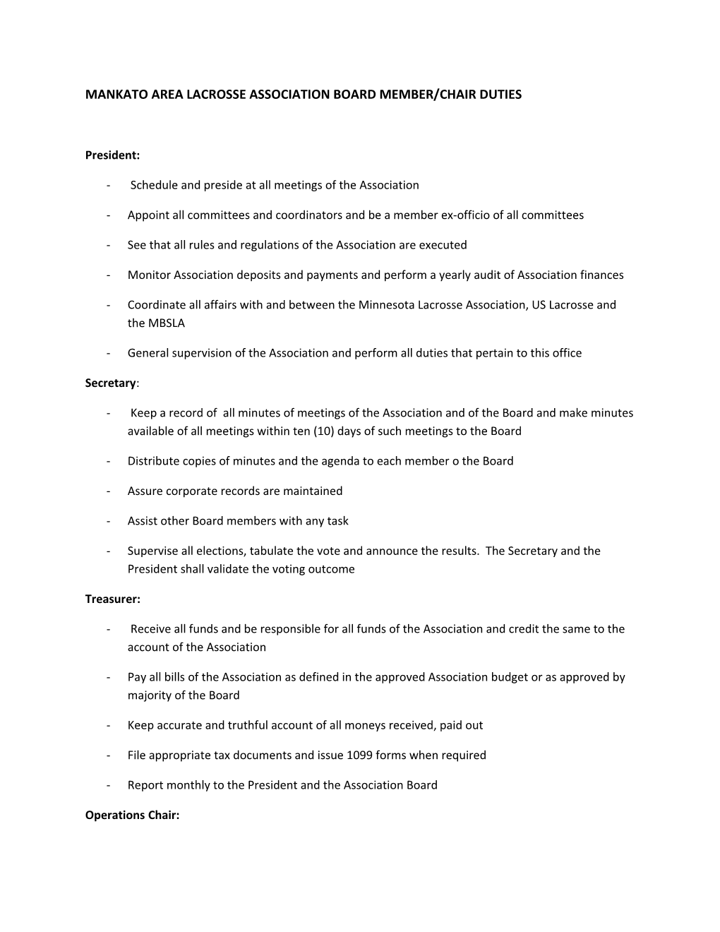 Mankato Area Lacrosse Association Board Member/Chair Duties