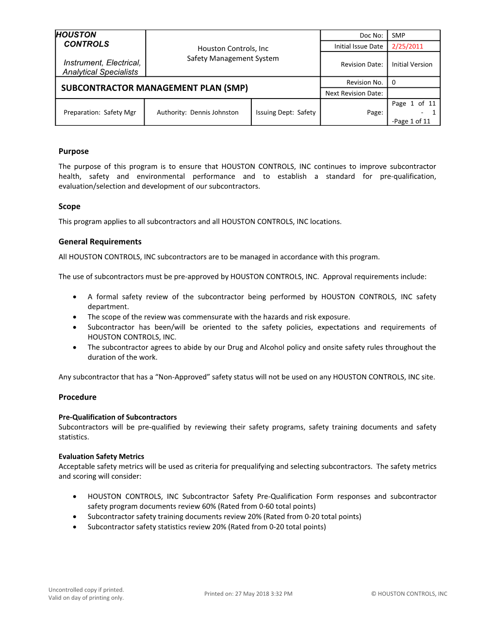 Subcontractor Management Plan