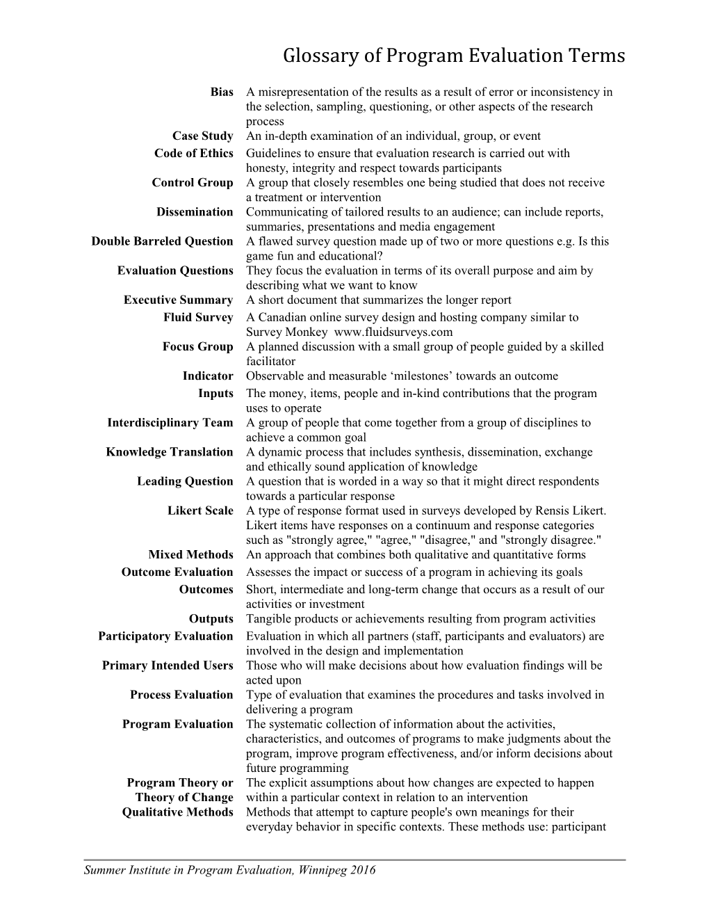 Glossary of Program Evaluation Terms